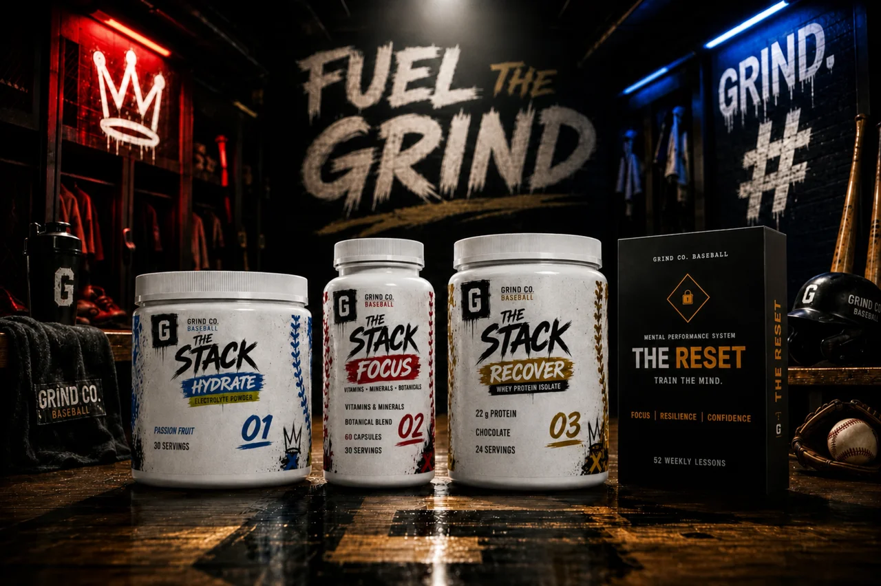 Product illustrations of The Stack and THE RESET, Grind Co. Baseball